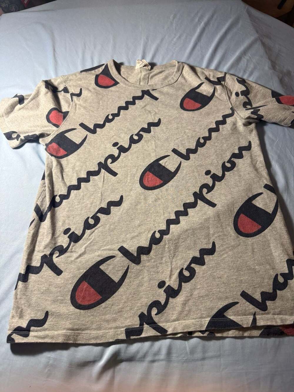 Champion Athletic Apparel All Over Print Spellout Gray T-Shirt Size Large
